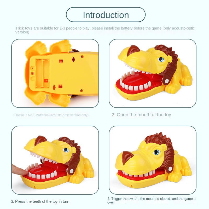 Tricky toys, finger biting, big mouth, crocodile, shark, vicious dog pulling teeth, spoofing pirates, bucket and sword parent-child interaction