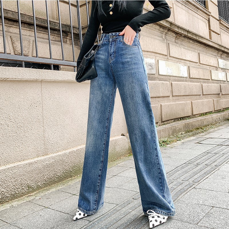 Baggy wide-leg denim pants vintage do old high-waisted slimming straight mop pants women
