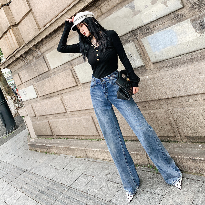 Baggy wide-leg denim pants vintage do old high-waisted slimming straight mop pants women