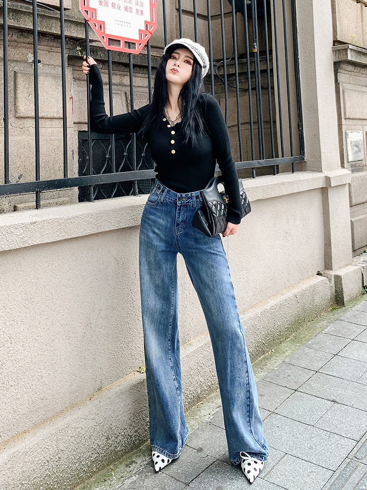 Baggy wide-leg denim pants vintage do old high-waisted slimming straight mop pants women