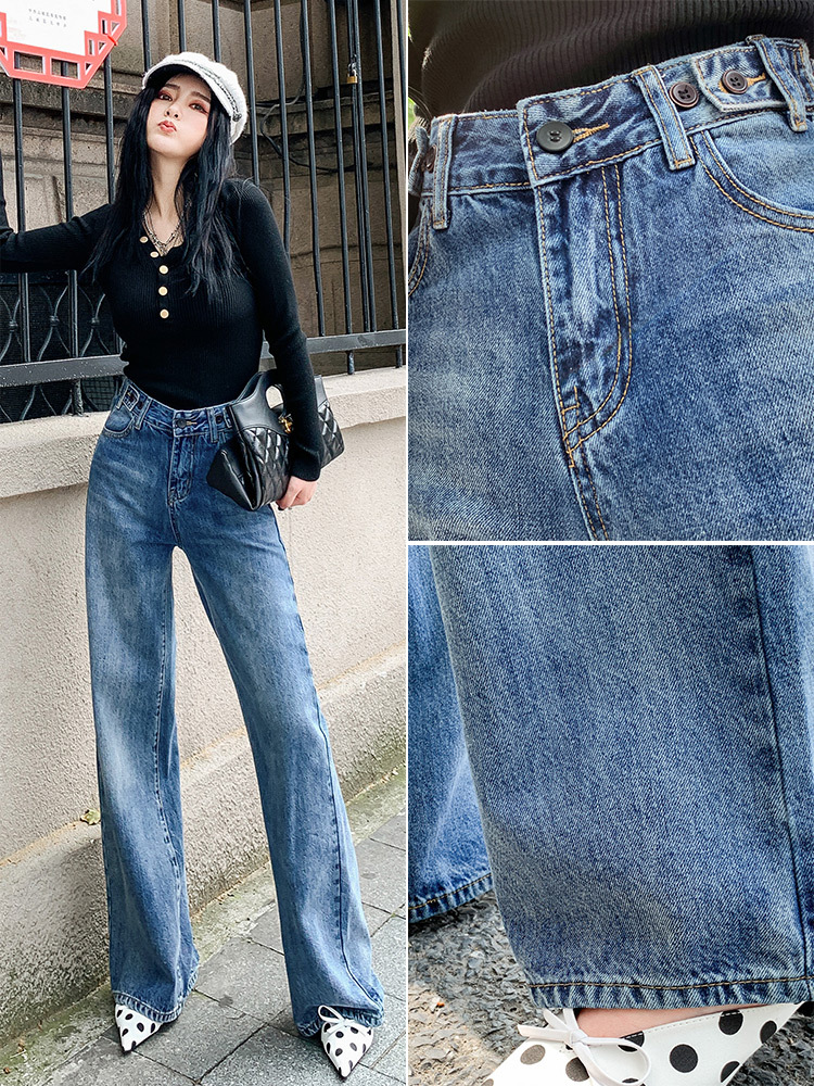 Baggy wide-leg denim pants vintage do old high-waisted slimming straight mop pants women