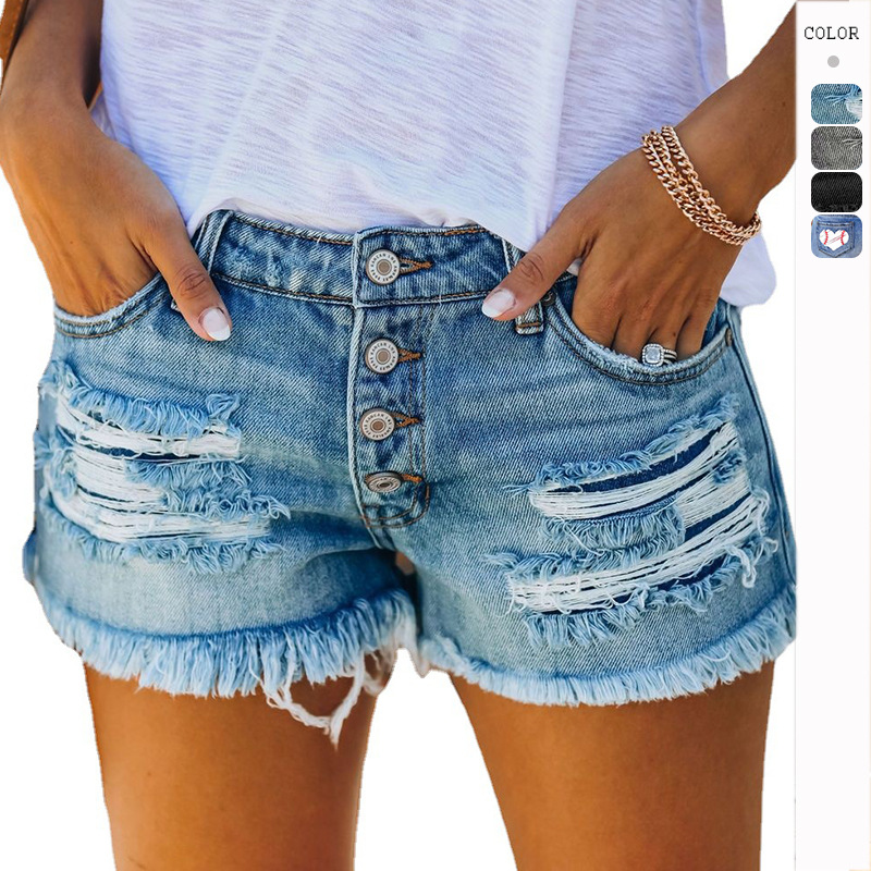 European and American trend ripped tassel denim shorts straight breasted women’s hot pants