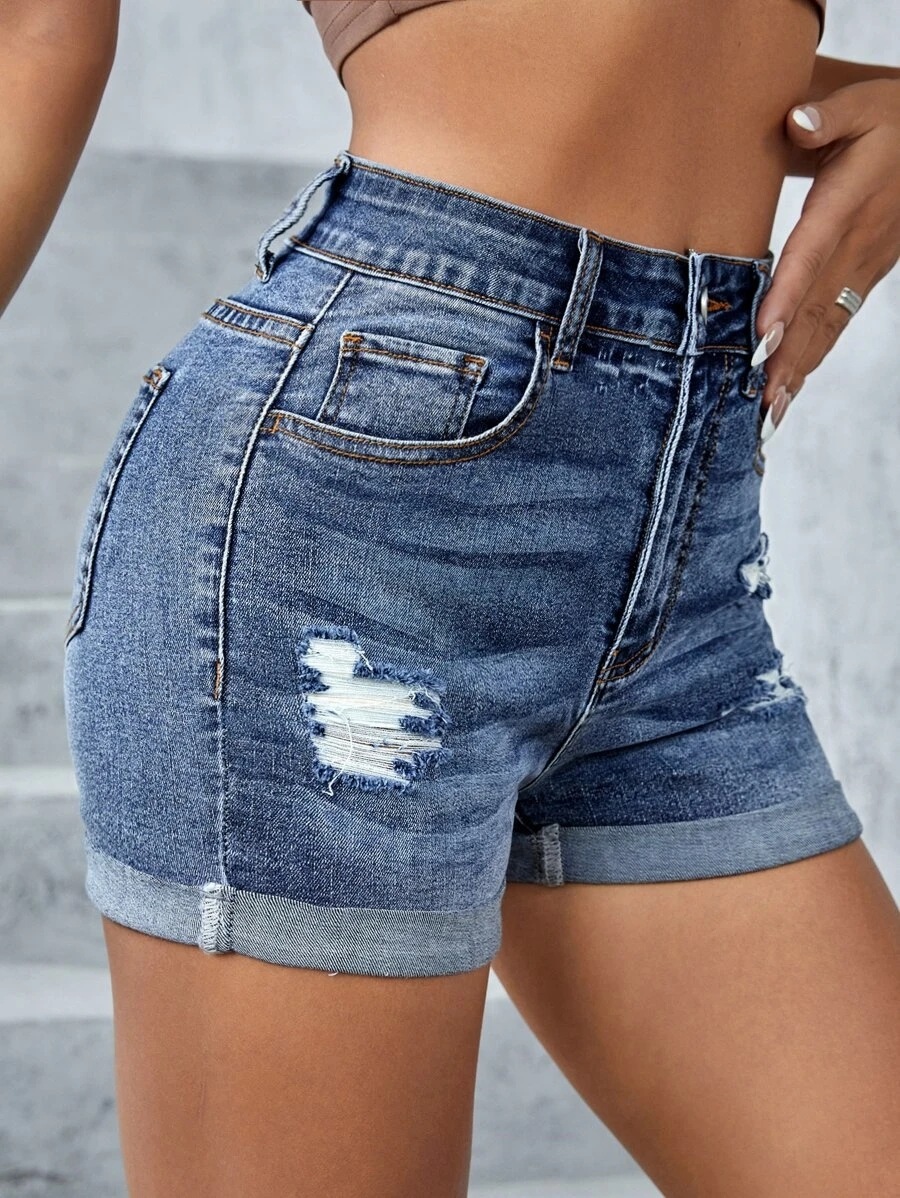 European women’s stretch jeans ripped denim shorts