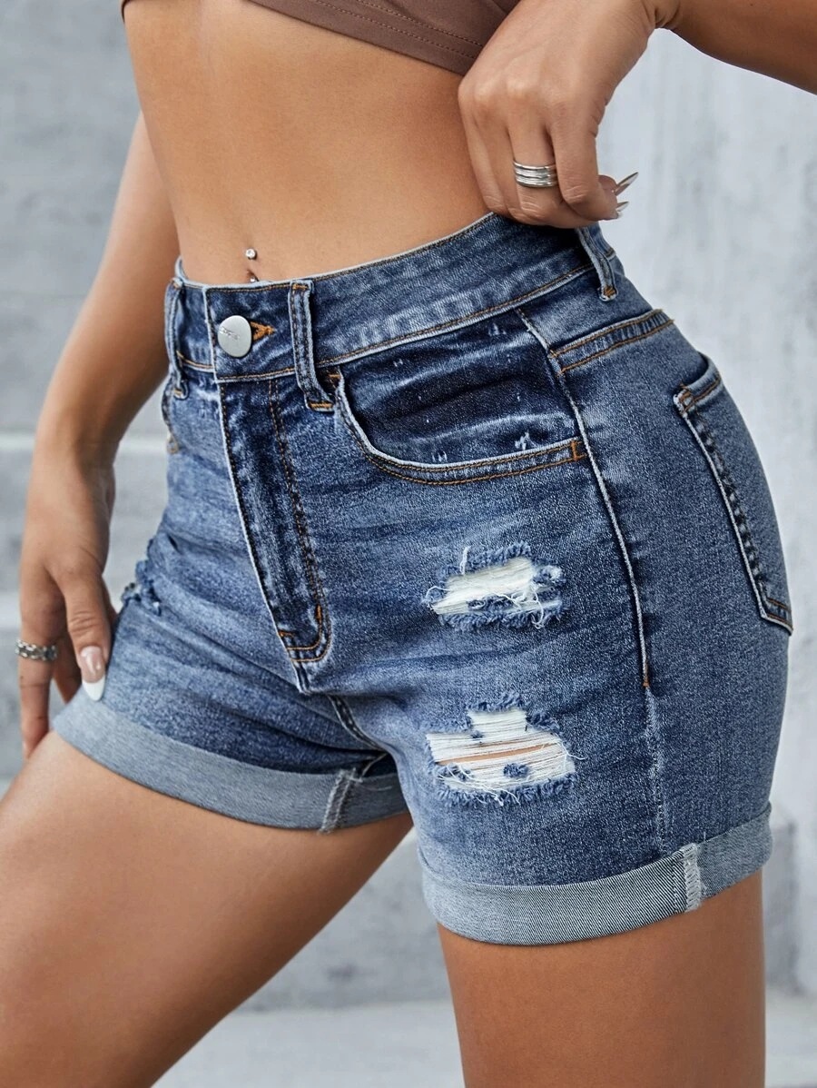 European women’s stretch jeans ripped denim shorts