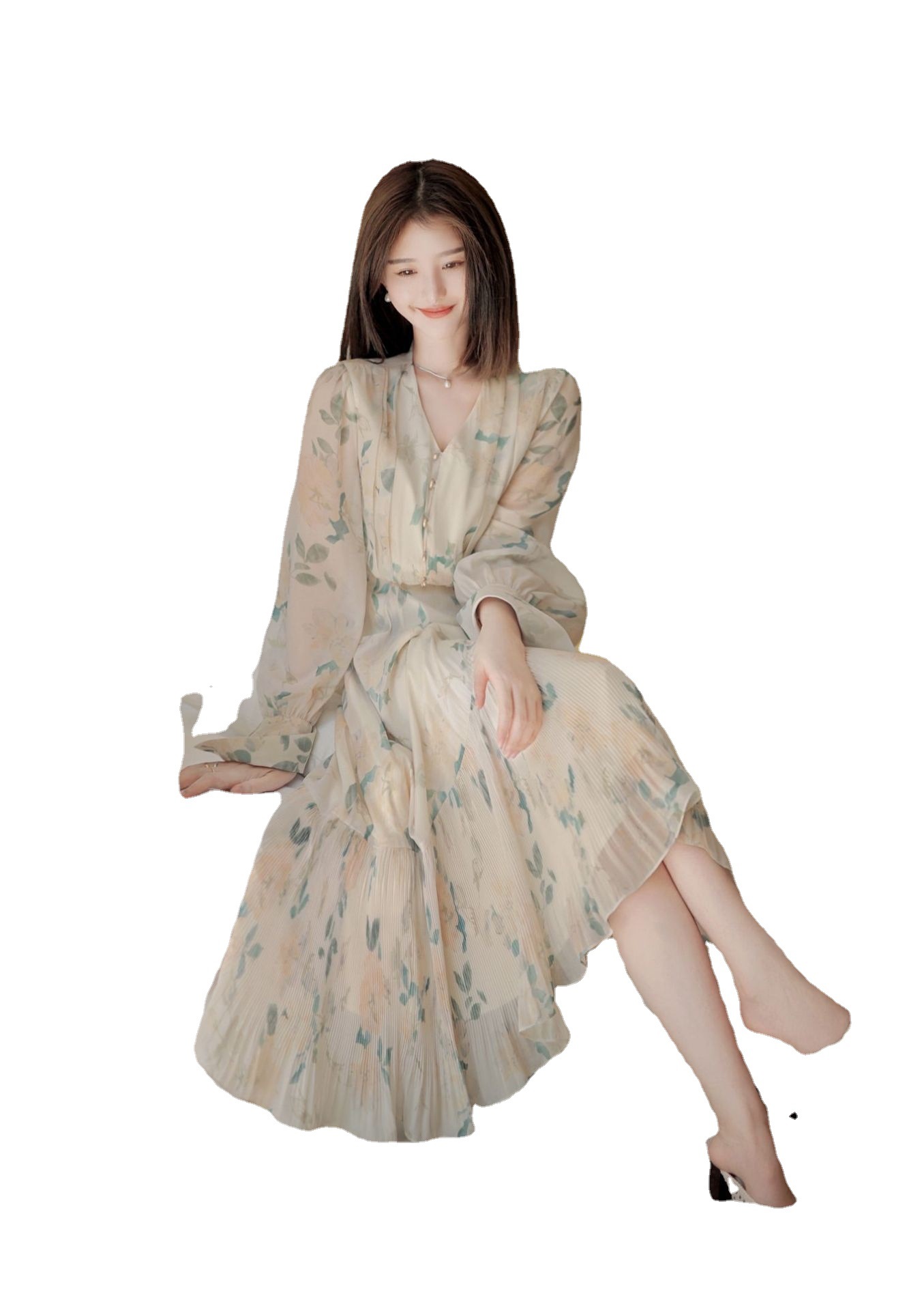 Gentle fresh age reduction floral dress two sets