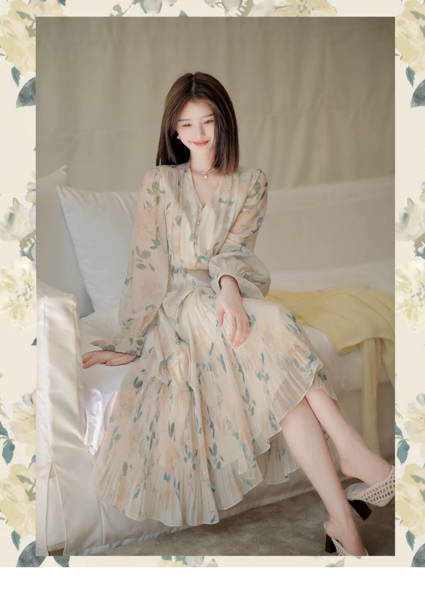 Gentle fresh age reduction floral dress two sets