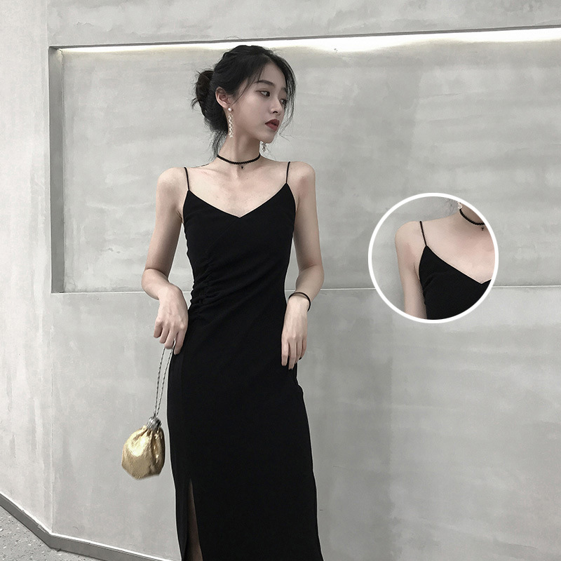 Halter dress female platycodon French slim slit inside with a little black skirt base