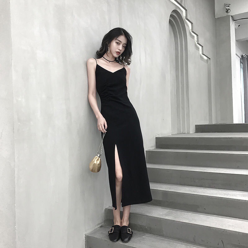 Halter dress female platycodon French slim slit inside with a little black skirt base