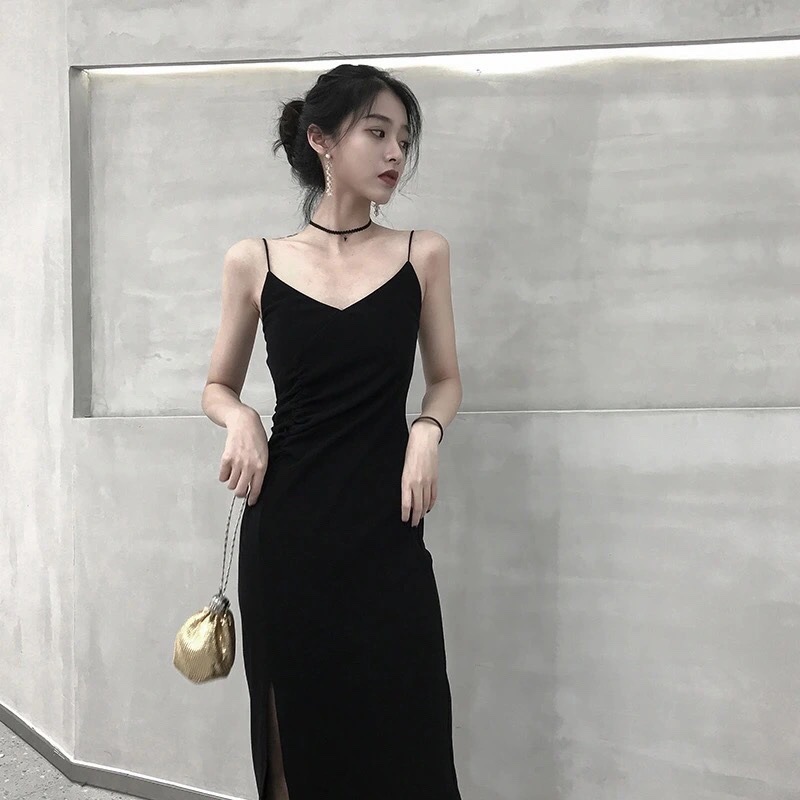 Halter dress female platycodon French slim slit inside with a little black skirt base