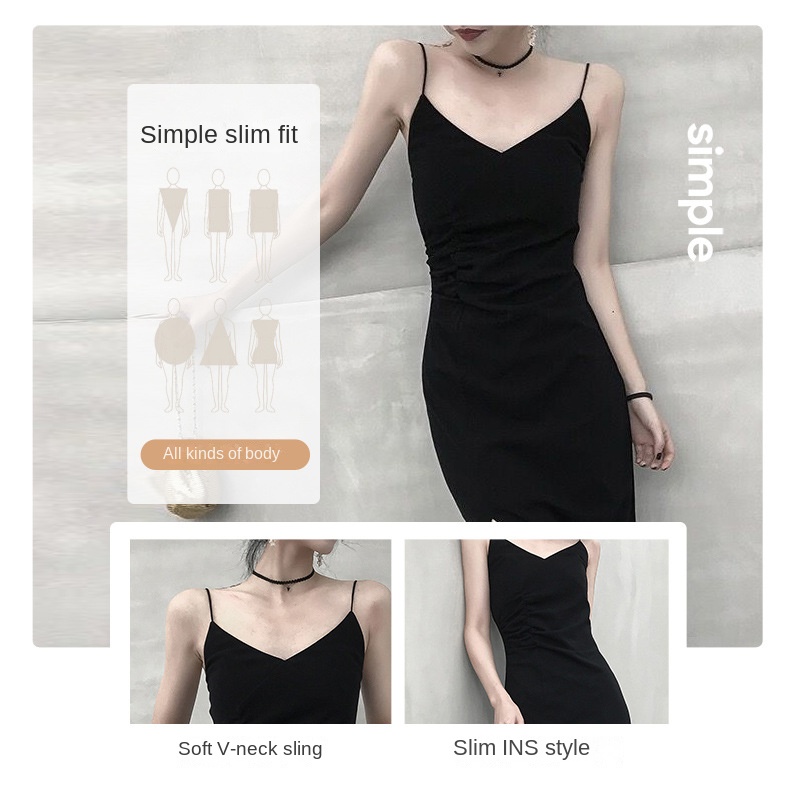 Halter dress female platycodon French slim slit inside with a little black skirt base