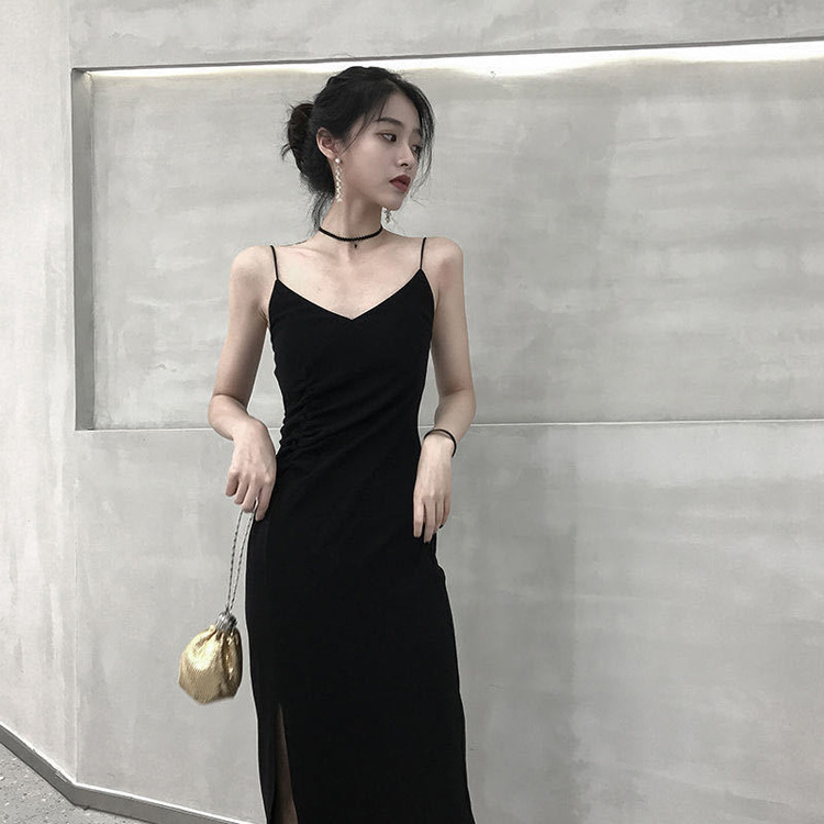 Halter dress female platycodon French slim slit inside with a little black skirt base