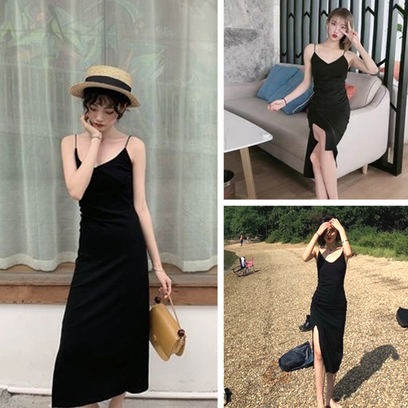 Halter dress female platycodon French slim slit inside with a little black skirt base