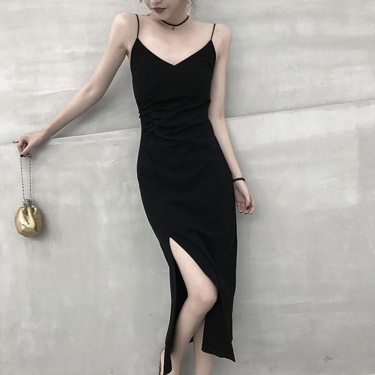 Halter dress female platycodon French slim slit inside with a little black skirt base