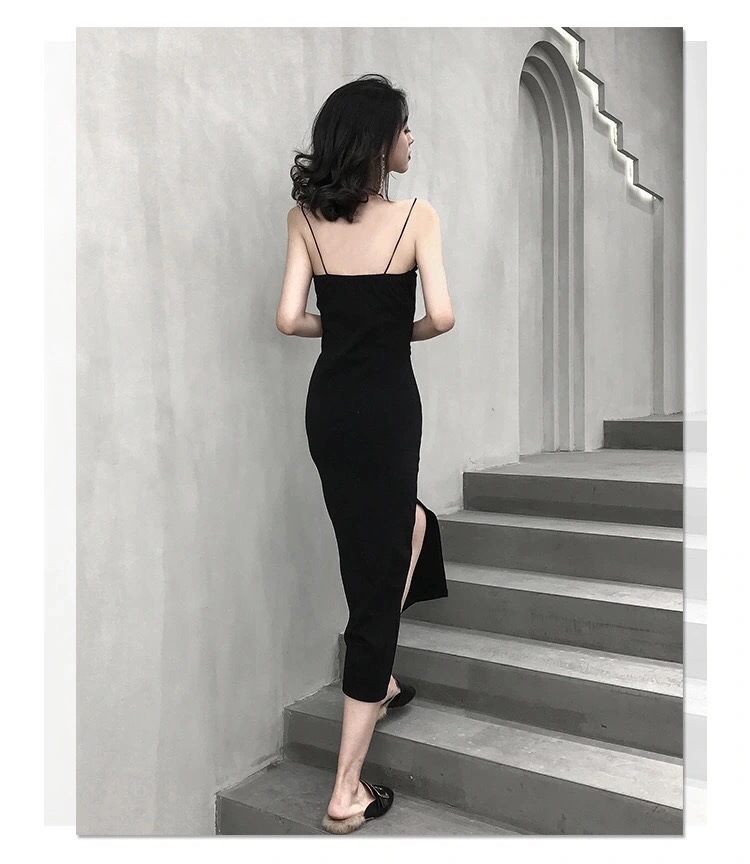 Halter dress female platycodon French slim slit inside with a little black skirt base