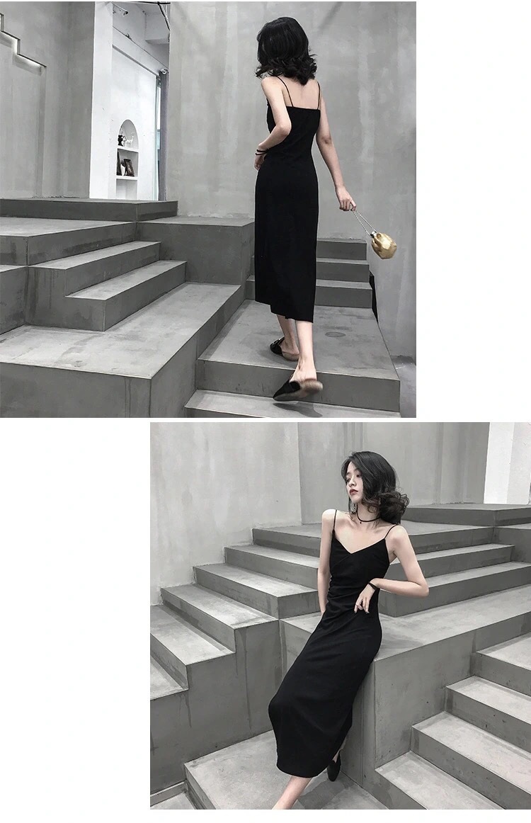 Halter dress female platycodon French slim slit inside with a little black skirt base