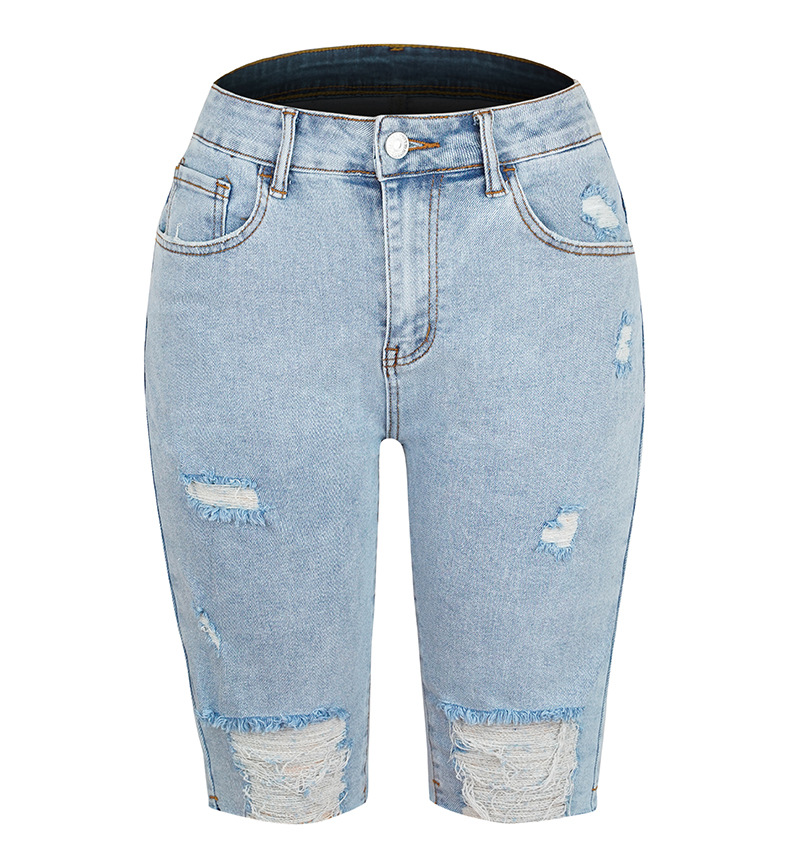 High-stretch shorts with small legs, mid-waisted quarter pants ripped jeans