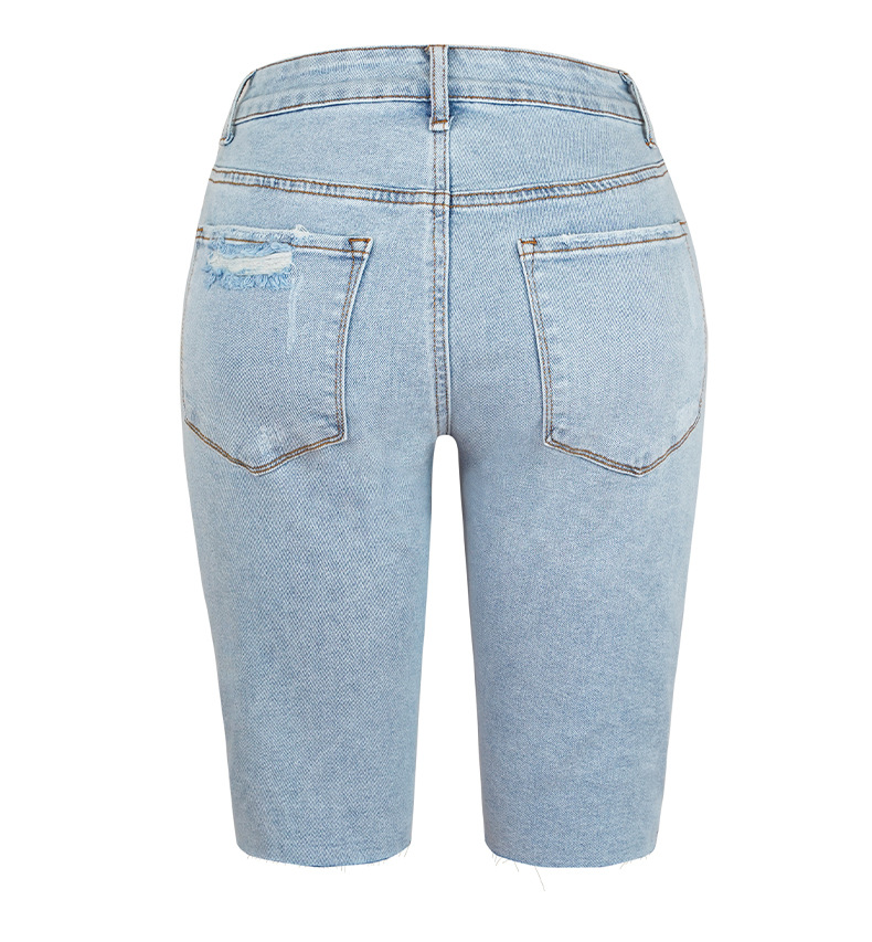 High-stretch shorts with small legs, mid-waisted quarter pants ripped jeans