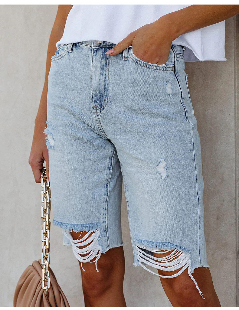 High-stretch shorts with small legs, mid-waisted quarter pants ripped jeans