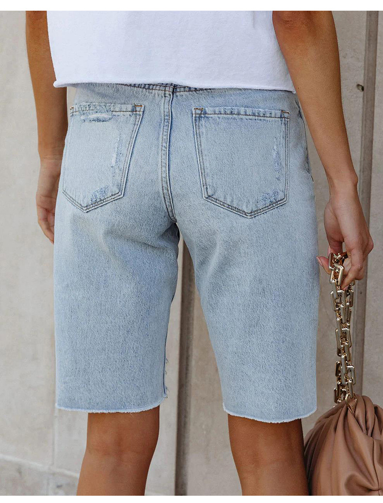 High-stretch shorts with small legs, mid-waisted quarter pants ripped jeans