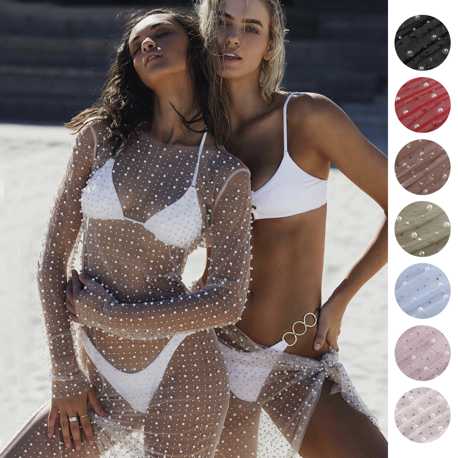 Sexy nail bead hot drill smock mesh long sleeve dress