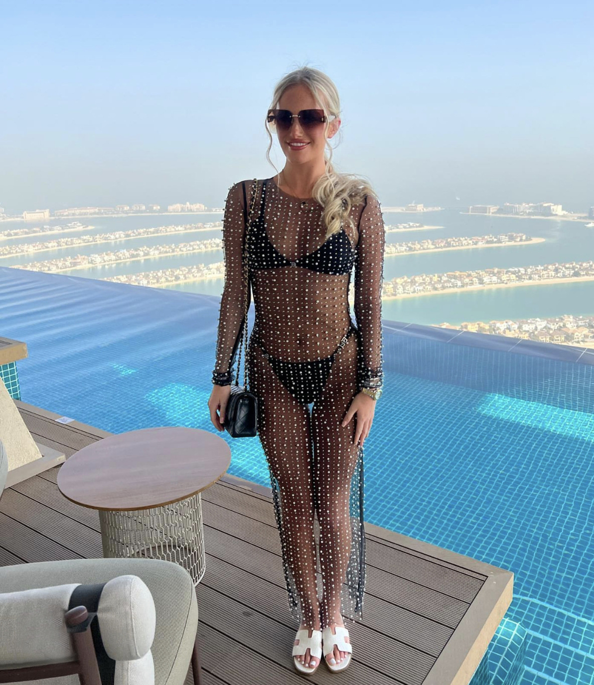 Sexy nail bead hot drill smock mesh long sleeve dress