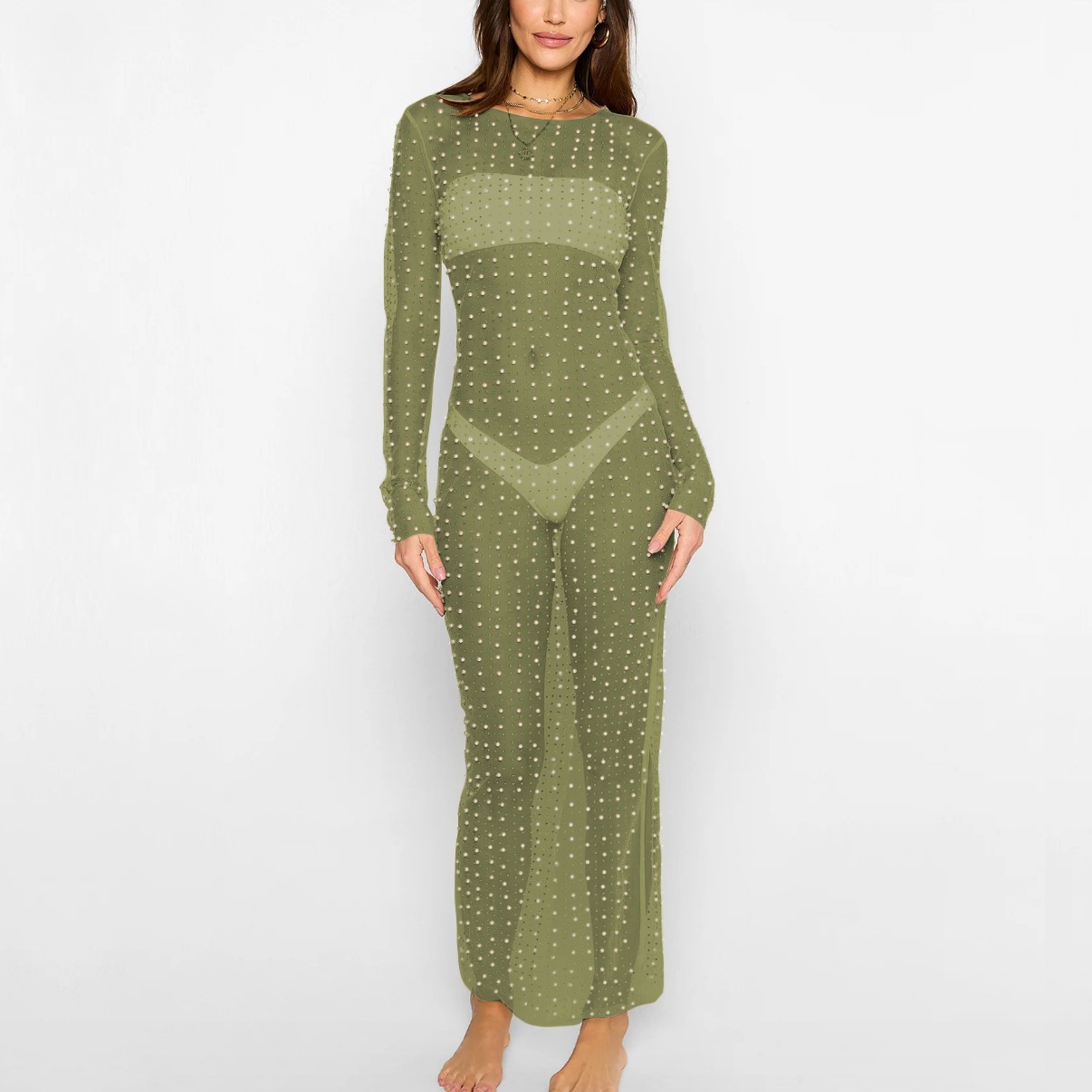 Sexy nail bead hot drill smock mesh long sleeve dress
