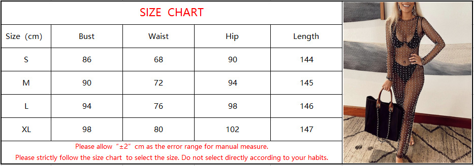 Sexy nail bead hot drill smock mesh long sleeve dress
