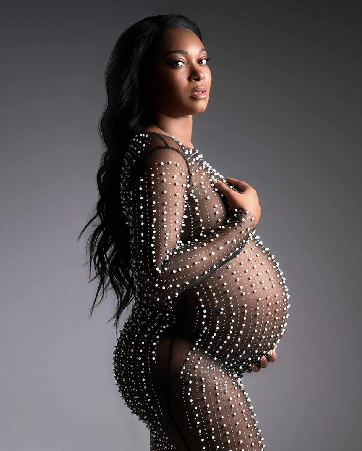 Sexy nail bead hot drill smock mesh long sleeve dress