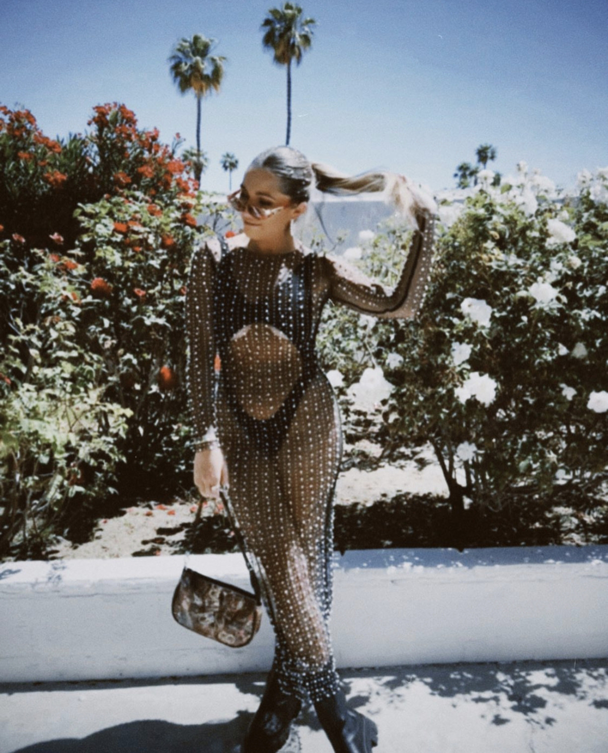 Sexy nail bead hot drill smock mesh long sleeve dress