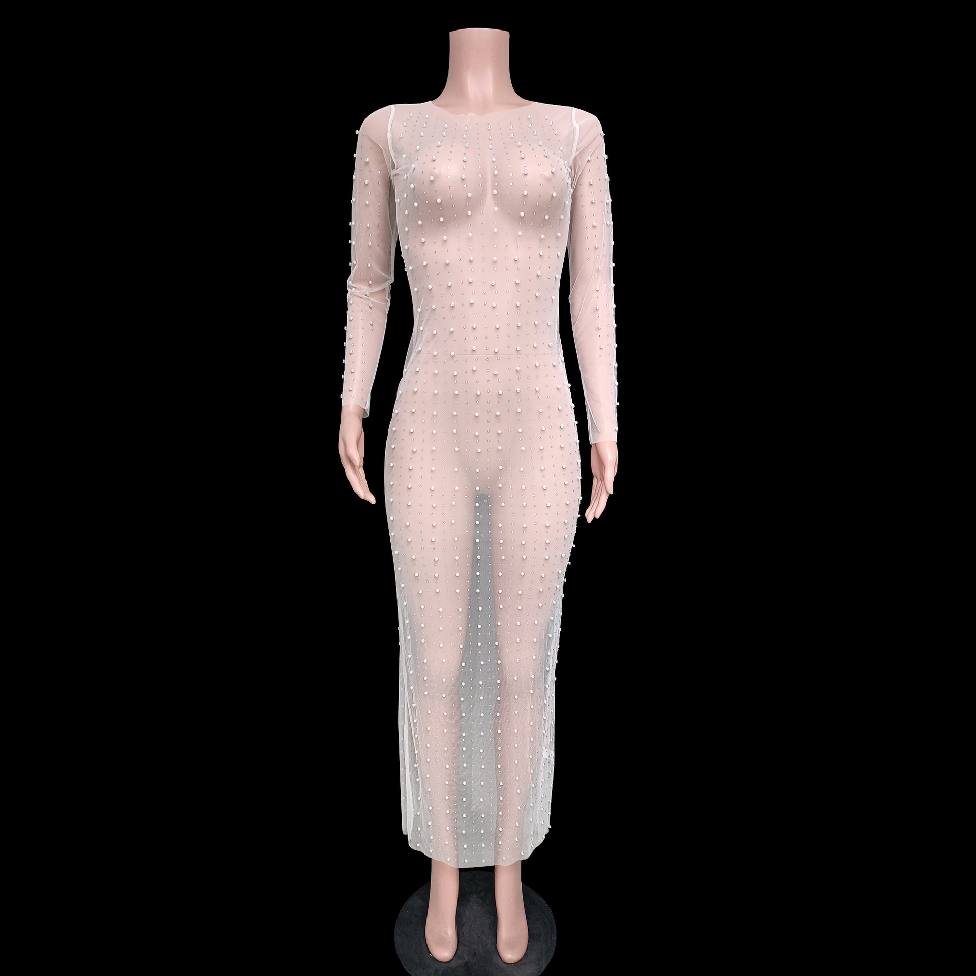 Sexy nail bead hot drill smock mesh long sleeve dress