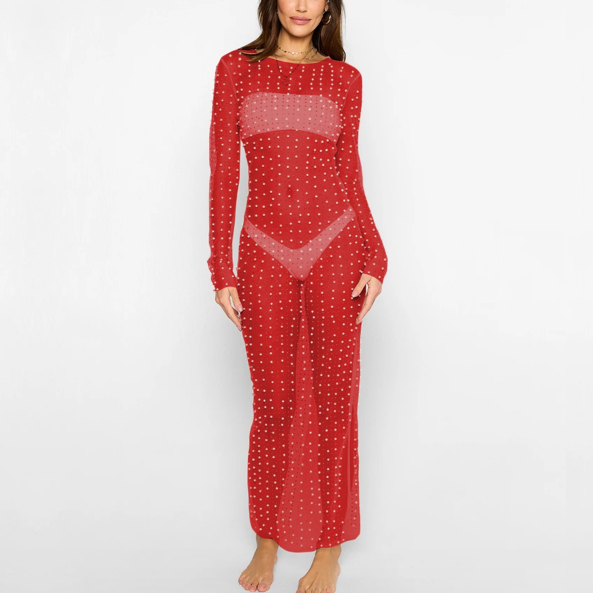 Sexy nail bead hot drill smock mesh long sleeve dress