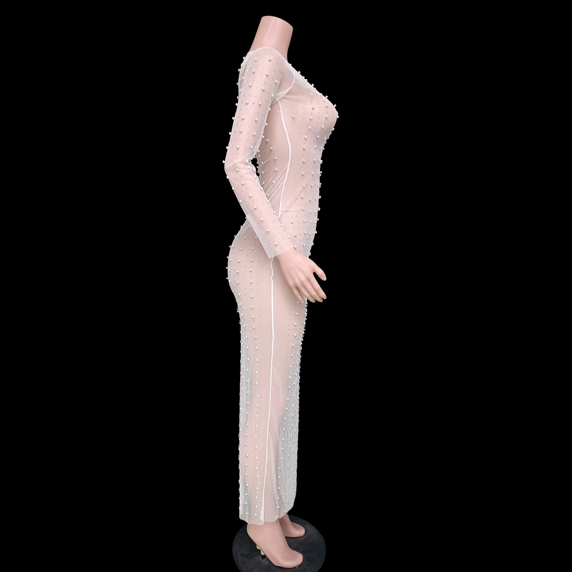 Sexy nail bead hot drill smock mesh long sleeve dress