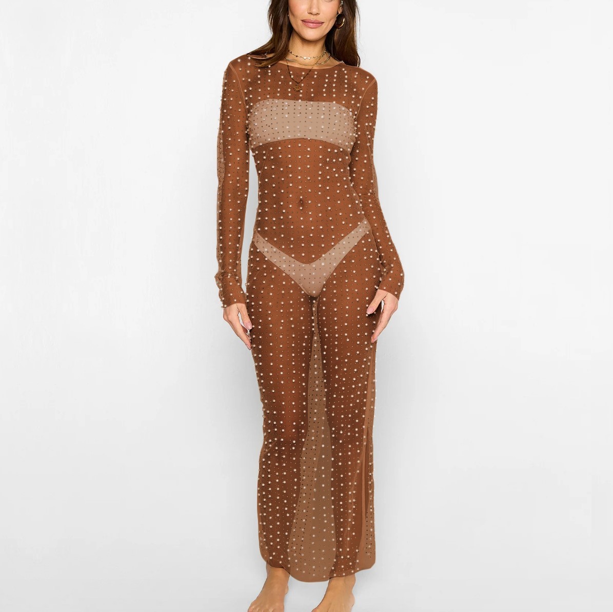 Sexy nail bead hot drill smock mesh long sleeve dress