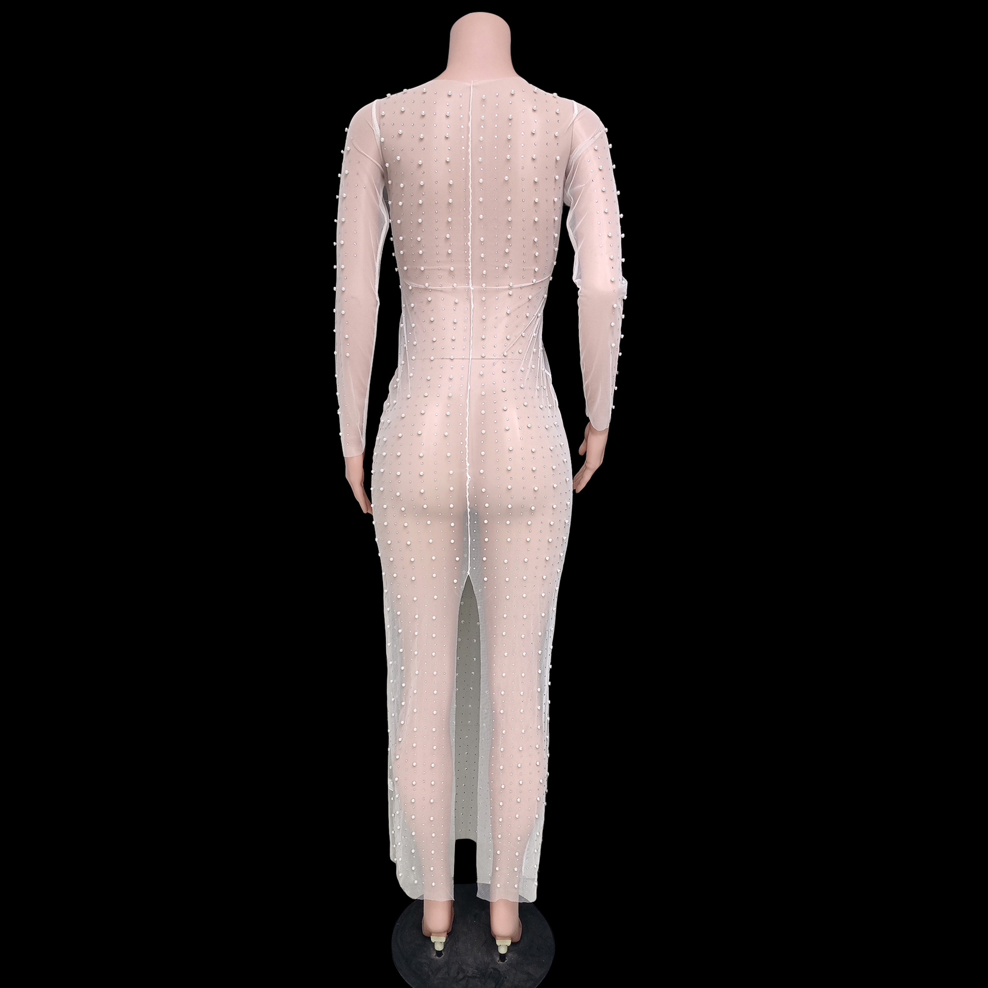 Sexy nail bead hot drill smock mesh long sleeve dress