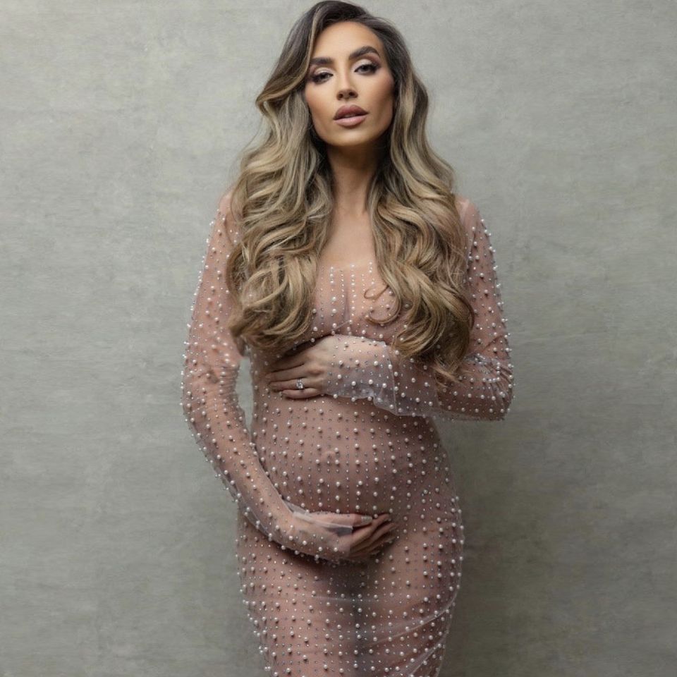 Sexy nail bead hot drill smock mesh long sleeve dress