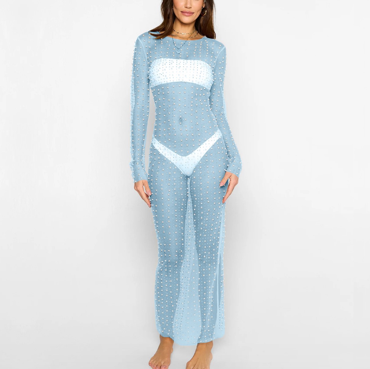 Sexy nail bead hot drill smock mesh long sleeve dress