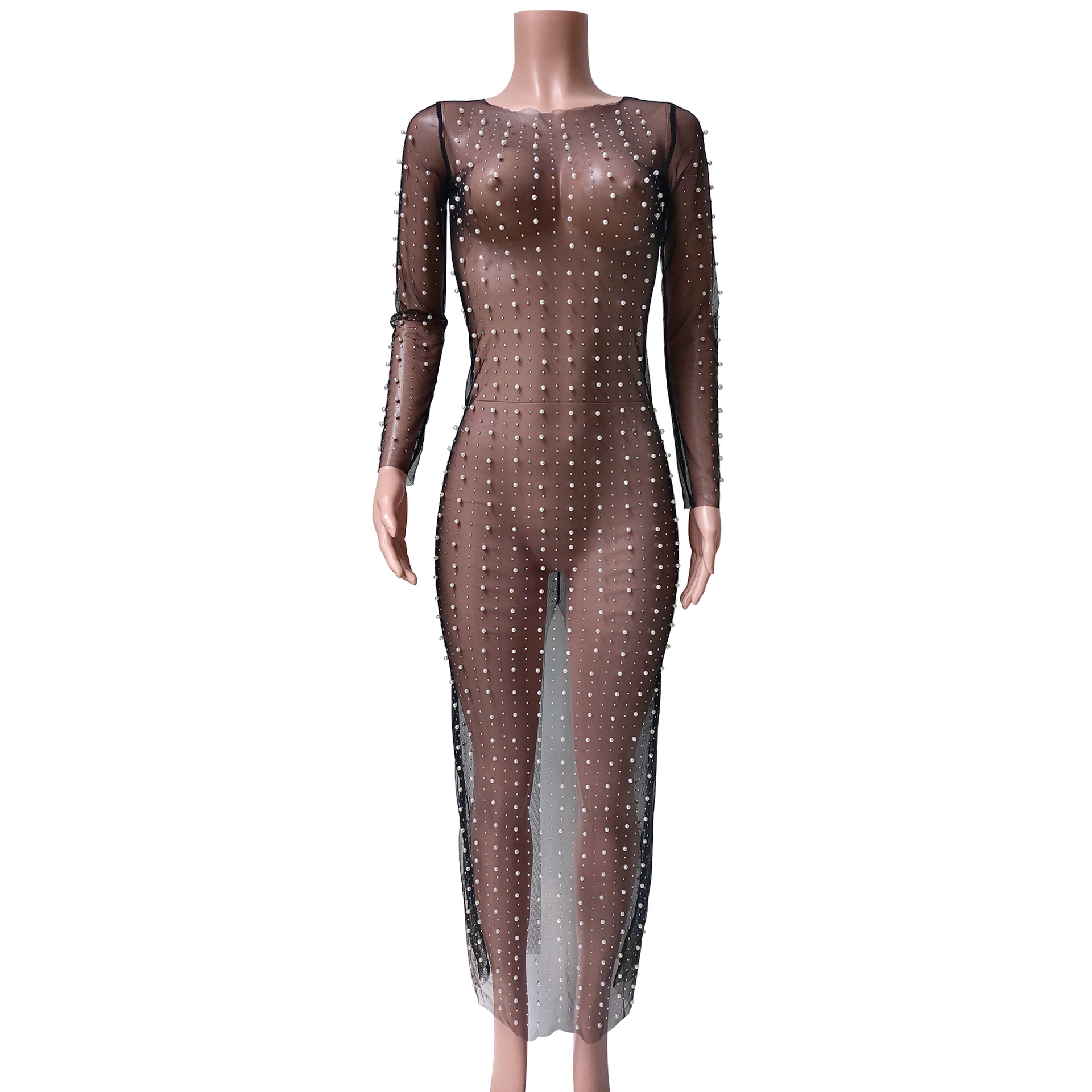 Sexy nail bead hot drill smock mesh long sleeve dress