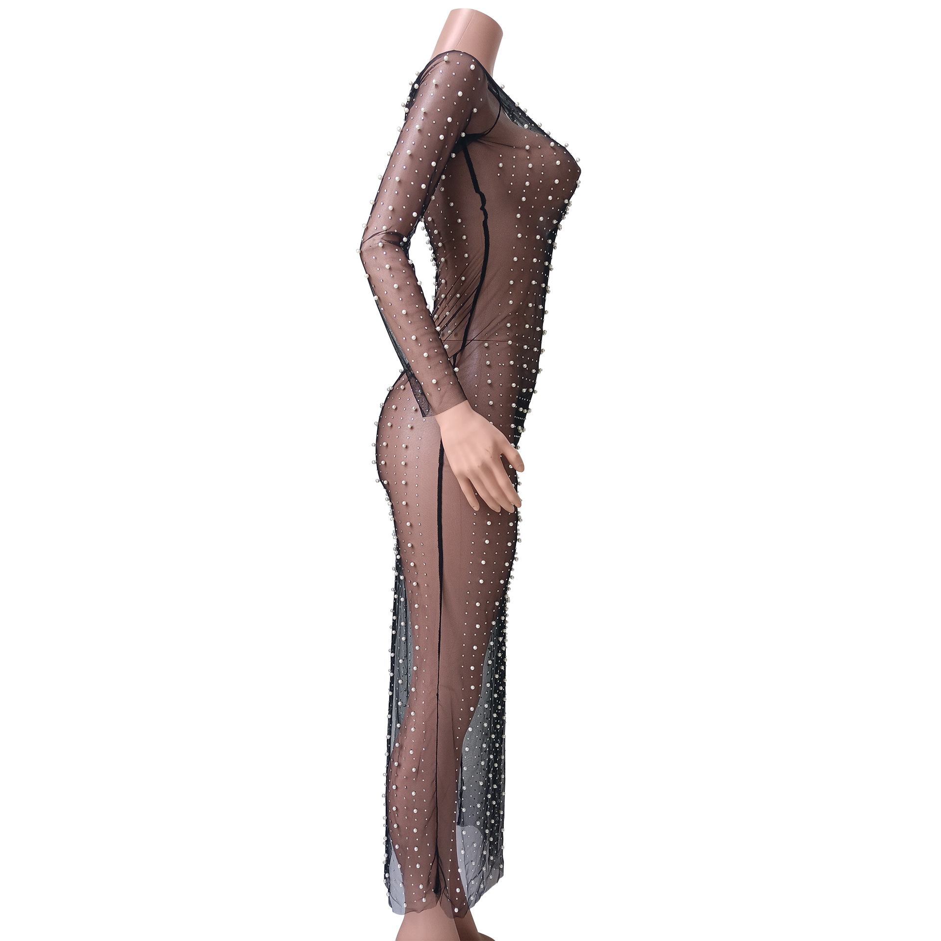 Sexy nail bead hot drill smock mesh long sleeve dress