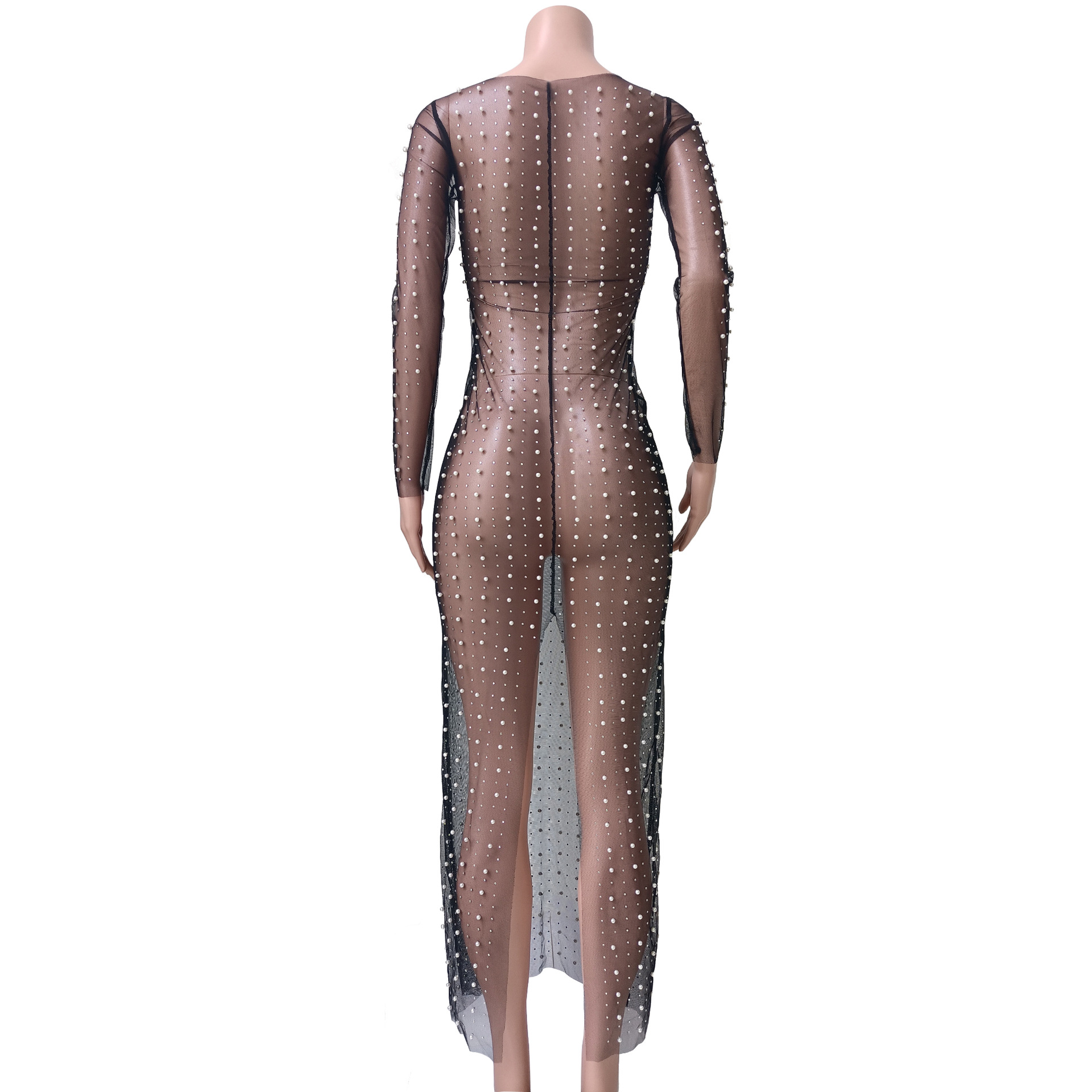 Sexy nail bead hot drill smock mesh long sleeve dress