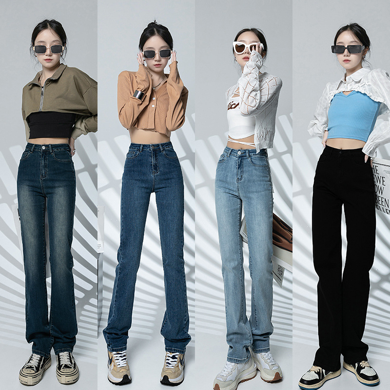 Straight leg jeans women spring and autumn wash blue small narrow version of wide leg pants