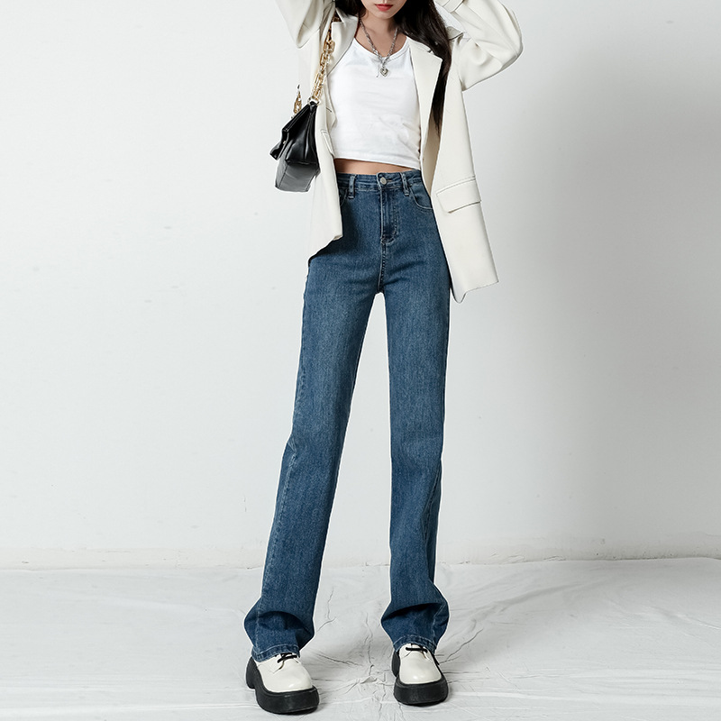 Straight leg jeans women spring and autumn wash blue small narrow version of wide leg pants