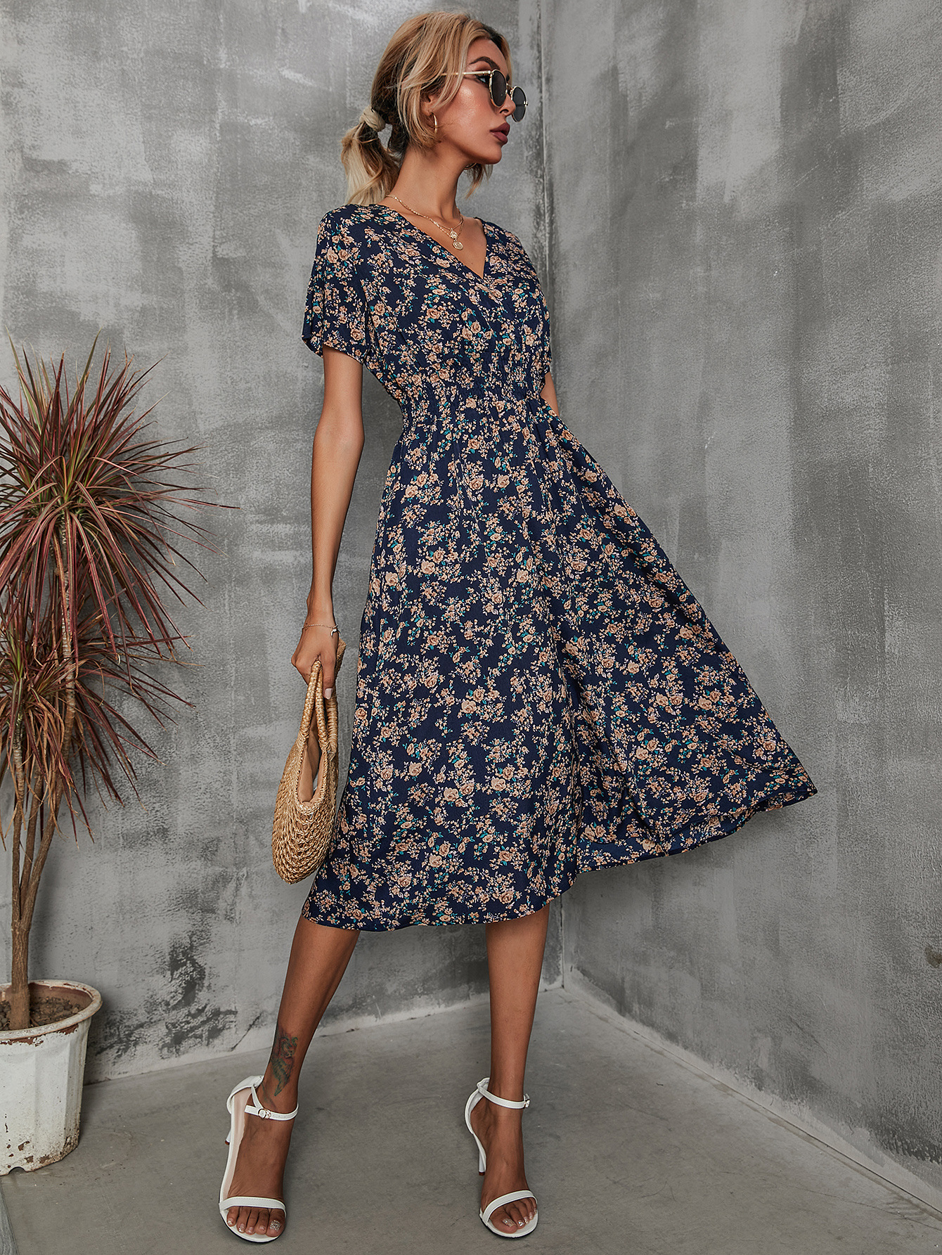Summer floral print short-sleeved dress