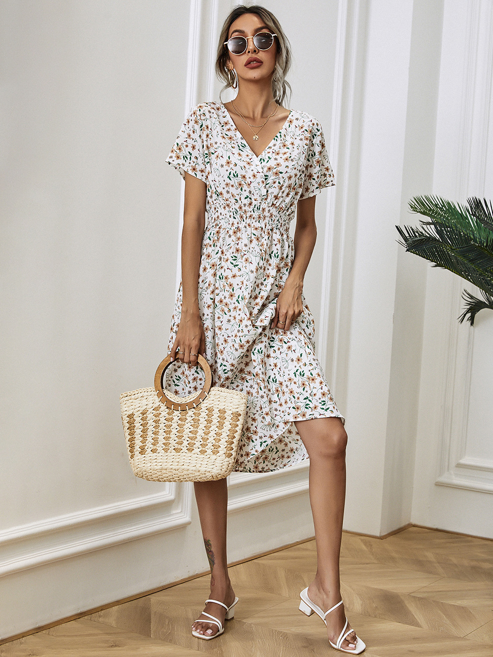 Summer floral print short-sleeved dress