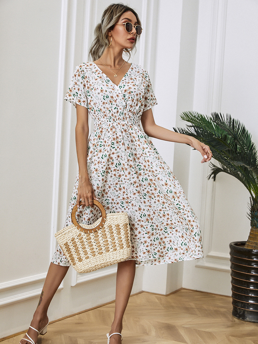 Summer floral print short-sleeved dress