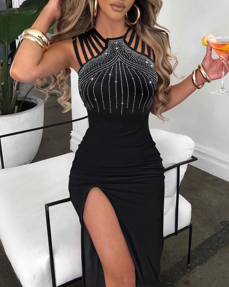 Temperament hot drill slit wrap hip dress night club dinner dress