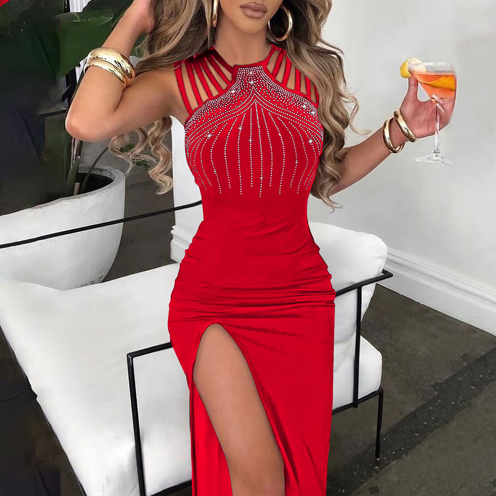 Temperament hot drill slit wrap hip dress night club dinner dress
