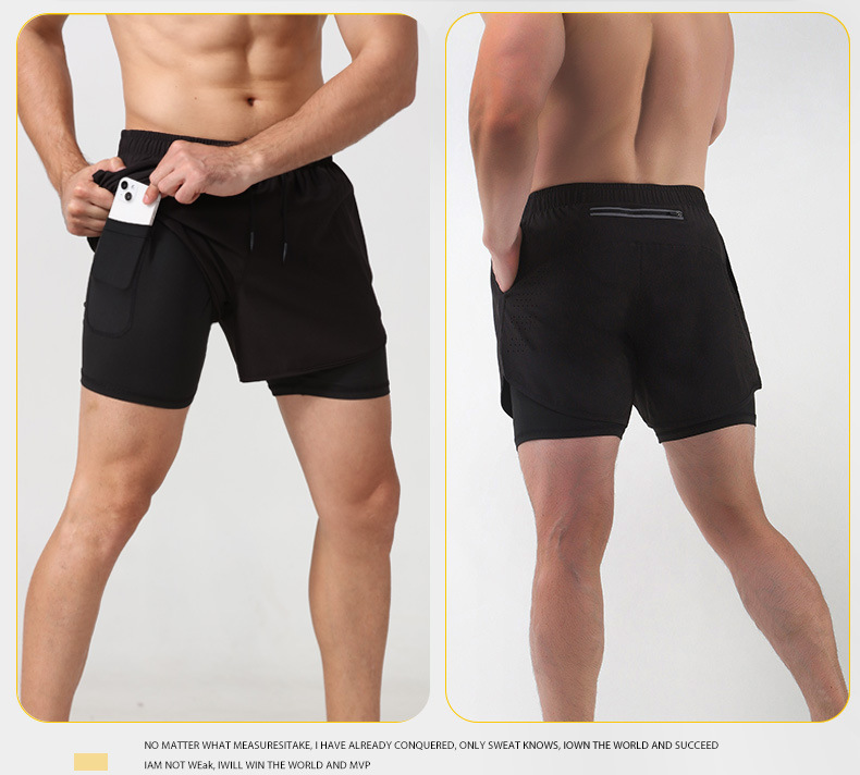 Three-quarter quick-drying double-layer gym shorts with anti-slip lining