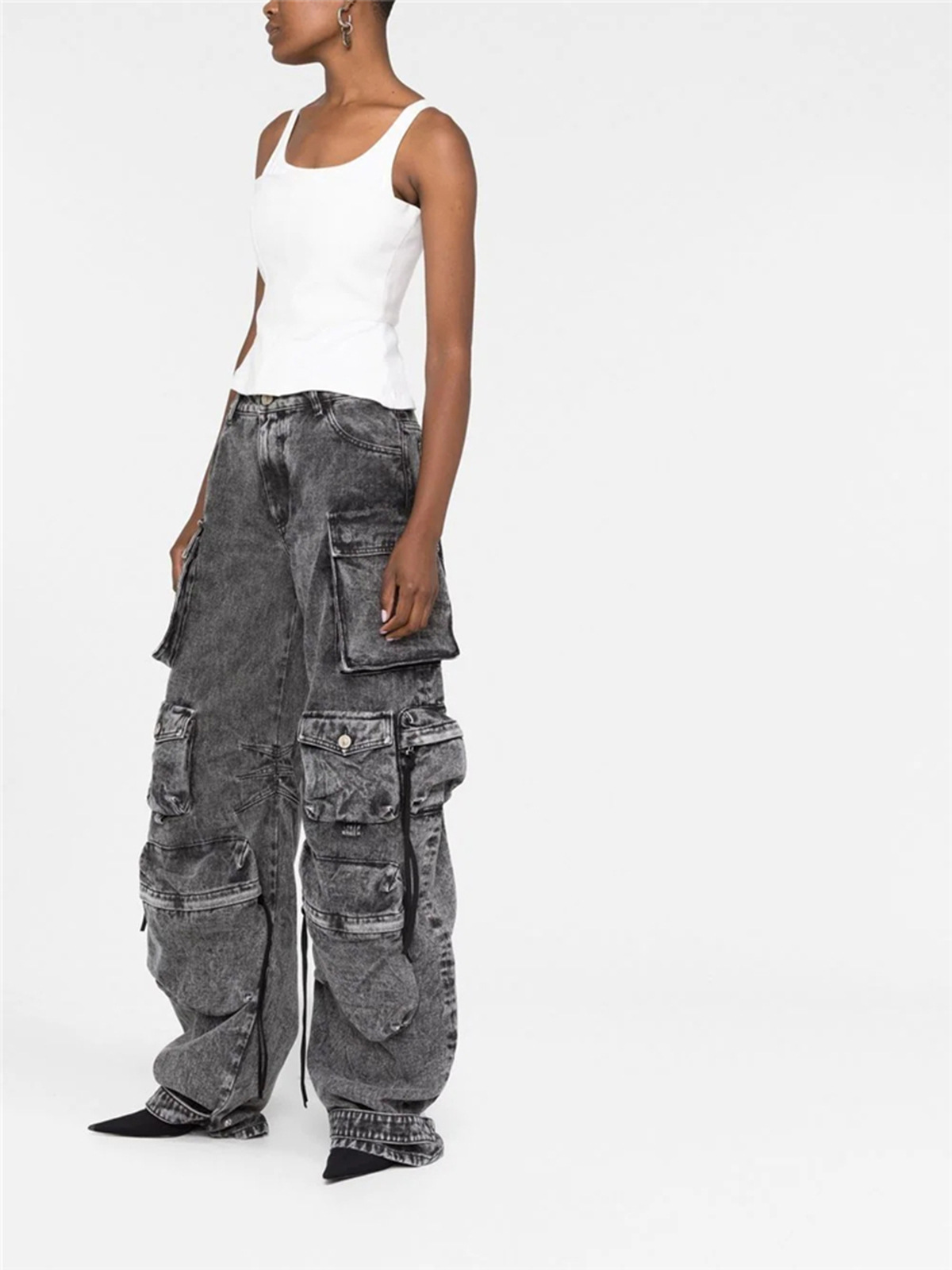 Versatile wear and overalls, multi-pocket wash water to make old wide-leg pants