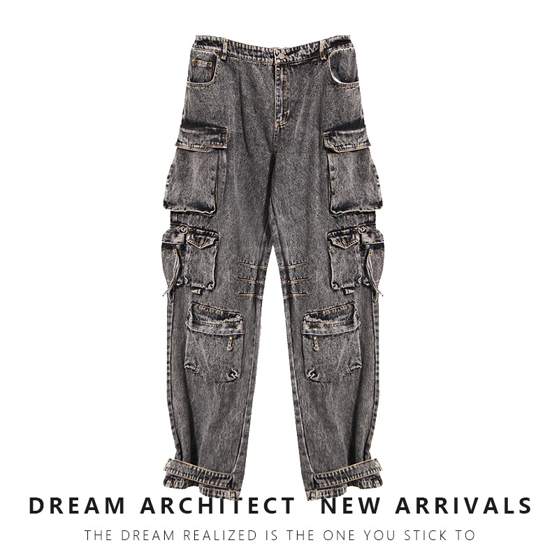 Versatile wear and overalls, multi-pocket wash water to make old wide-leg pants
