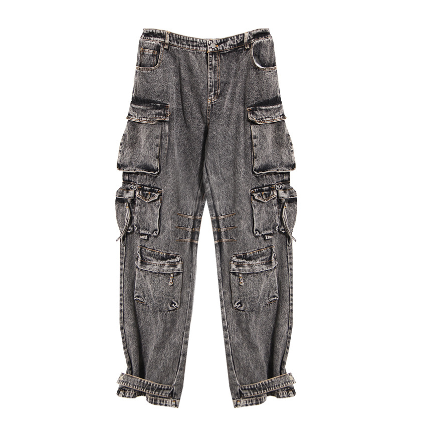 Versatile wear and overalls, multi-pocket wash water to make old wide-leg pants